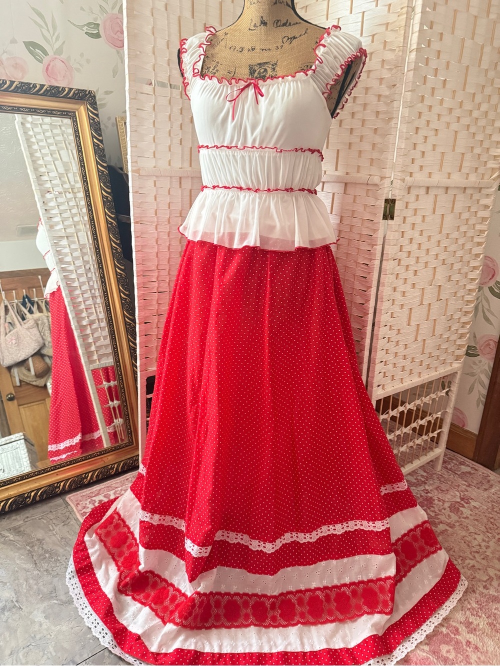 Vintage Red Polka Dot Maxi Skirt with White Trim - Size Small-Medium